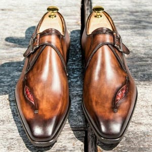Handcrafted Italian Leather Monk Strap Shoes: Brown Shaded Buckle Dress Shoes