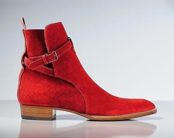 Botín Jodhpur de vestir para hombre, hecho a mano en ante rojo con correa de hebilla al tobillo.