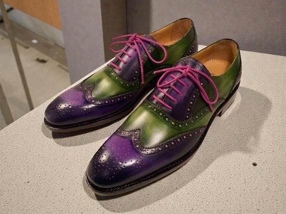 Handmade Two Tone Leather Brogue Shoes: Purple & Green Wingtip Dress Shoes