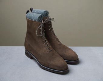 Men's Handmade Elegant Dark Brown Suede Lace Up Cap Toe Ankle High Formal Boot.