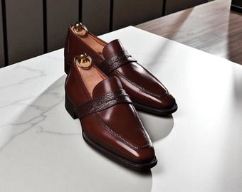 Buy New Men Handmade Burgundy Leather Slip On Loafer Tie Moccasin Shoes.
