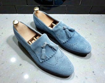 Buy New Men Stylish Sky Blue Suede Slip On Fringe Tassel Moccasin Shoes.