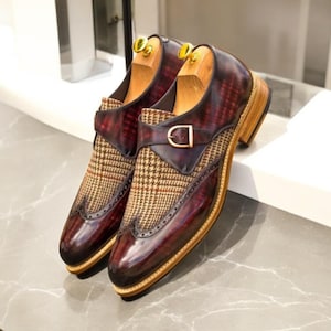 Burgundy Leather Monk Strap Dress Shoes: Two-Tone Wingtip Goodyear Welted