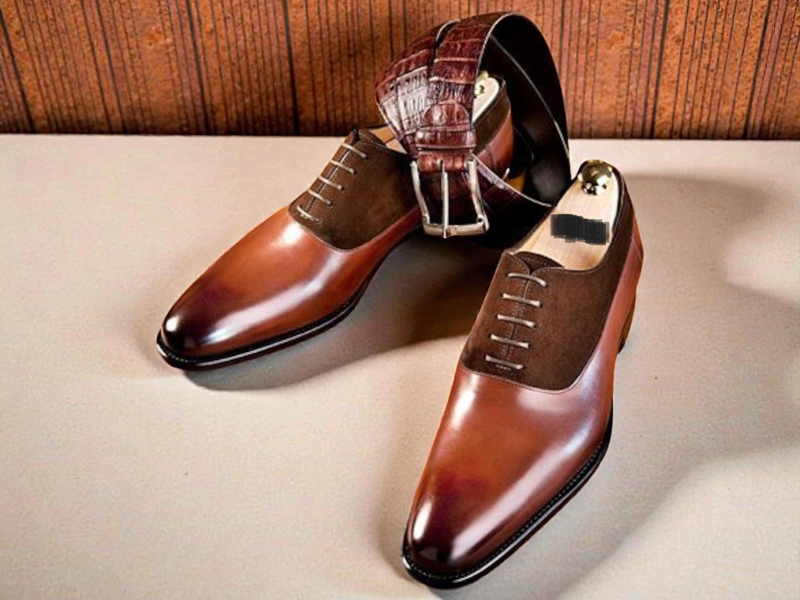 Elegant Two Toned Brown Leather & Suede Oxford Shoes Wingtip Brogue Oxford- Tan Black Suede | Lethato main image 2