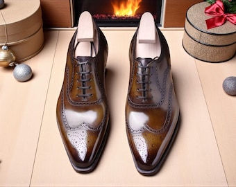 Buy New Men Handmade Brown Shaded Leather Lace Up Wingtip Brogue Formal Shoes.