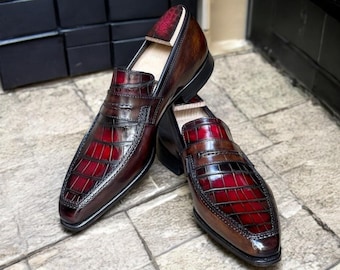 Buy New Men Handmade Burgundy Shaded Leather Slip On Moccasin Shoes.