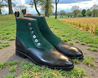 Botines de piel italiana hechos a mano con botones: Botines de ante negro y verde