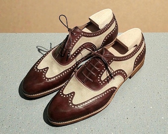 Zapatos Oxford burdeos con cordones y punta de ala de cuero bicolor hechos a mano