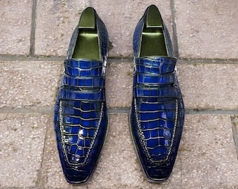 Blue Leather Slip-On Moccasins: Goodyear Welted Italian Shoes
