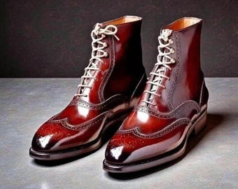 Handmade Men's Brown Shaded Leather Lace Up Wingtip Ankle High Formal Dress Boot.