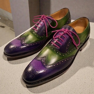 Handmade Two Tone Leather Brogue Shoes: Purple & Green Wingtip Dress Shoes image 2