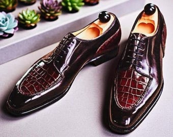 Handmade Burgundy Croc Shaded Leather Derby Shoes: Goodyear Welted