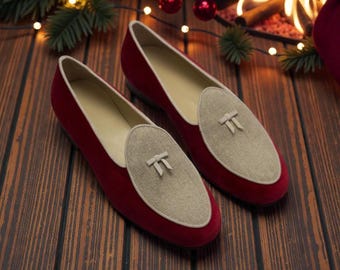 Handmade Two Tone Suede Moccasin Dress Shoes - Maroon Italian Leather