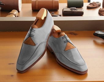 Handcrafted Two-Tone Derby Shoes: Orange Suede & Grey Italian Leather