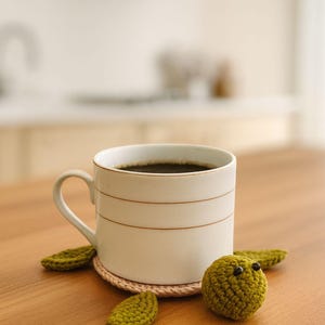 May include: A white ceramic mug filled with dark liquid, resting on a woven coaster. Accompanying the mug is a crocheted turtle with olive green yarn and small black eyes, and three green crocheted leaves. The items are on a wooden surface.