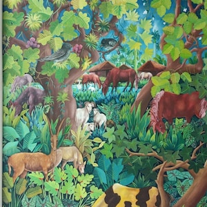 Original art work oil painting from the island of Haiti, Forest with animals