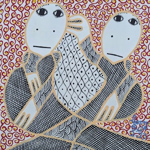 May include: Two white figures with black eyes and mouths are drawn on a red and yellow background. The figures are drawn with black lines and have a black and white patterned design.