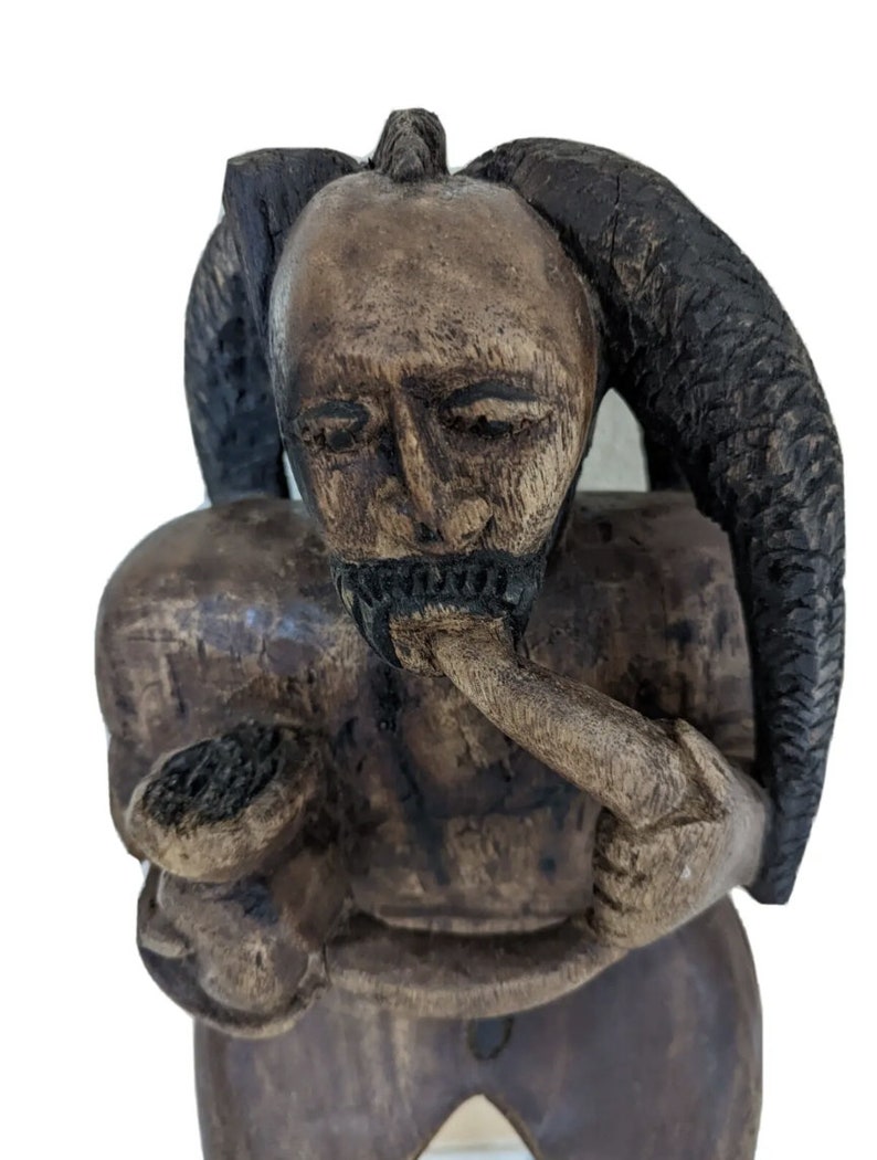 Jamaican Art Wood Carving Sculpture Handmade Rasta Man Smoking 24