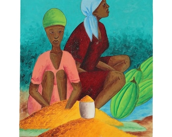 May include: A painting of two women sitting on a pile of yellow sand. The woman on the left is wearing a green hat and a pink dress. The woman on the right is wearing a blue headscarf and a red dress. There are green watermelons in the background.