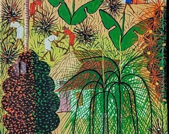 May include: A colorful painting depicting a village scene with thatched roof houses, palm trees, and people. The painting is done in a naive style with bold colors and simple lines. The text "J.T. Wilson" is visible in the bottom left corner.