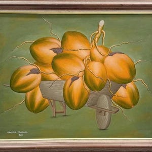 Original signed painting from the island of Haiti Coconut Cart