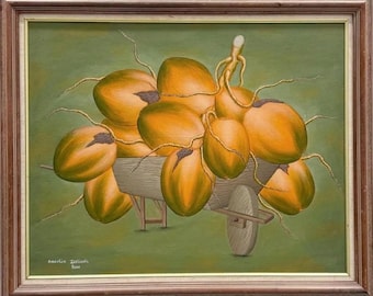 May include: An oil painting of a collection of coconuts in a wheelbarrow. The coconuts are a mix of yellow and orange hues, with brown stems. The wheelbarrow is gray, and the background is a muted green. The painting is framed in a brown wooden frame.