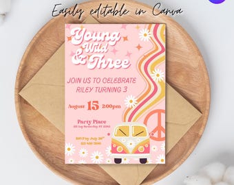 Groovy Einladung zum 3. Geburtstag: Retro Hippie Party, Jung Wild & Drei (Digitaler Download)