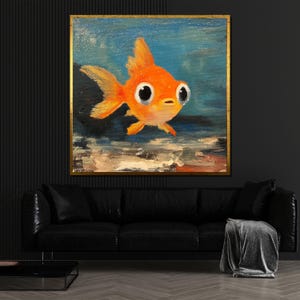 Lindo cuadro de pez dorado en lienzo, dibujo de pez de ojos grandes, decoración submarina original, regalo divertido para niños o amantes de los acuarios.