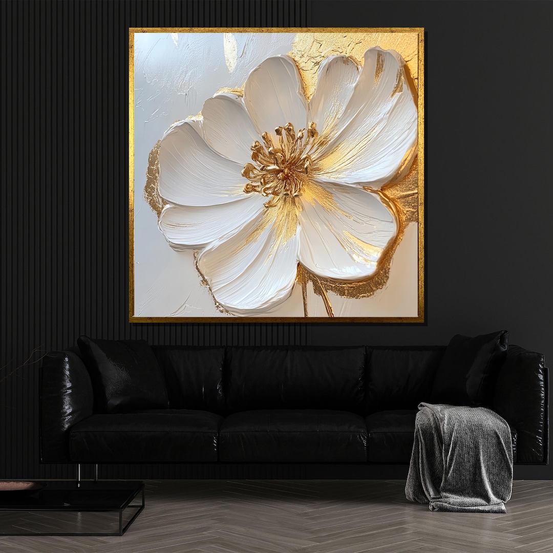 Luxury White and Gold Floral Canvas Painting, Elegant Textured Flower ...