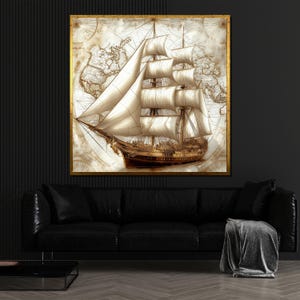 Vintage Segelschiff Gemälde mit Weltkarte im Hintergrund, Kunst Geschenk