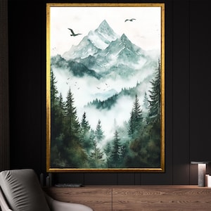 Dipinto ad acquerello su tela raffigurante montagne alpine e foreste nebbiose, un'opera d'arte murale con paesaggio naturale, regalo per gli amanti della montagna.
