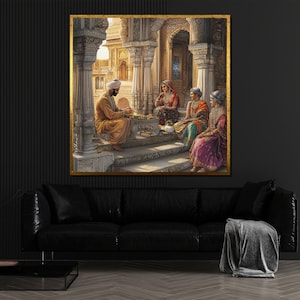 Royal Indian Palace Canvas Painting, Traditional Maharaja and Women Wall Art, Cultural Heritage Gift Decor