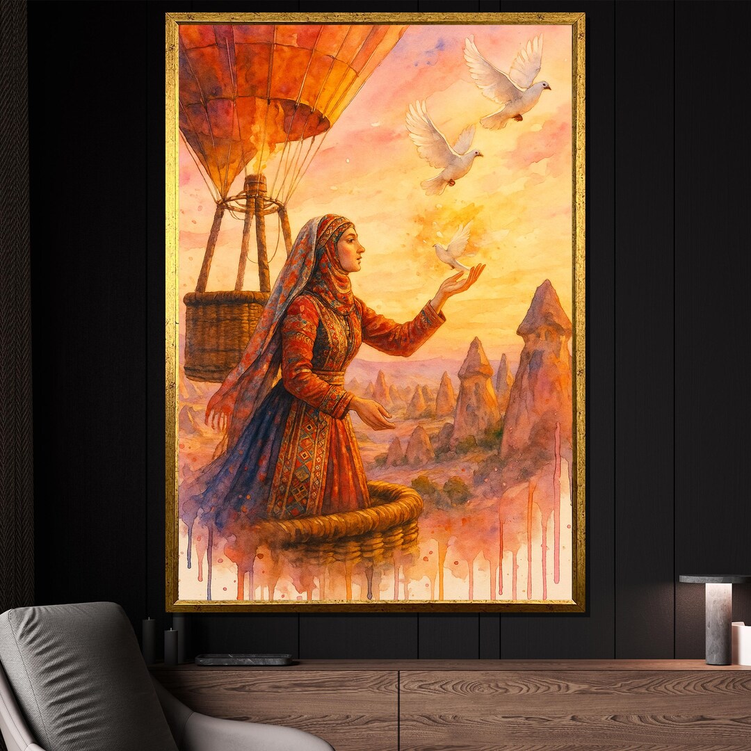 Woman in Traditional Attire Releasing Doves From Hot Air Balloon Over ...