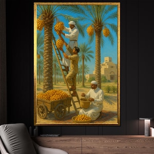 Sunlit Date Harvesters Amid Palm Grove with Rustic Cart and Ancient Fort: Radiant Canvas Painting Gift for Elegant Cultural Decor