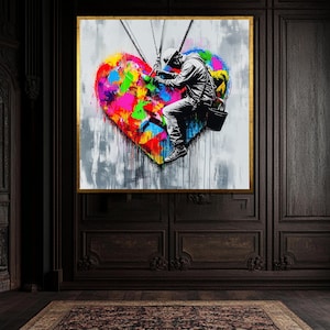 Graffiti Heart Canvas Painting, Colorful Urban Wall Art, Modern Street Art Gift, Romantic Wall Decor for Him or Her