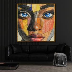 Farbenfrohe Abstrakte Porträt Zeichnung einer Schwarzen Frau mit strahlend blauen Augen, Geometrischer Expressionismus Kunstdruck für moderne Wanddekoration