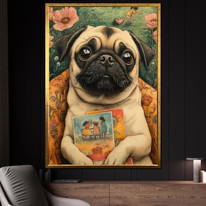 Cute Pug Canvas Painting, Whimsical Dog Wall Art, Childlike Storybook Style Decor, Adorable Gift for Dog Lovers or Kids