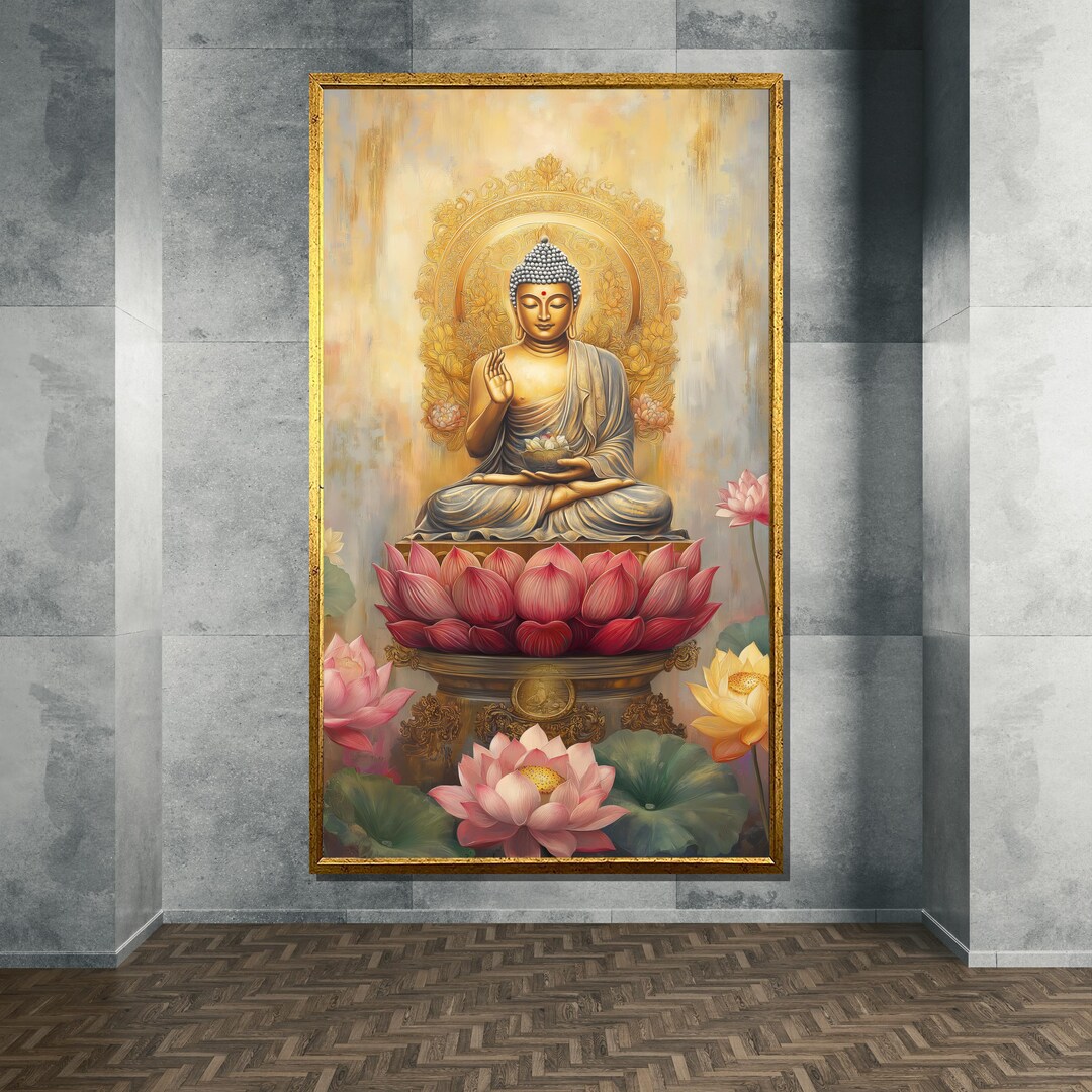 Golden Buddha Canvas Painting on Lotus Throne, Colorful Floral Zen Wall ...