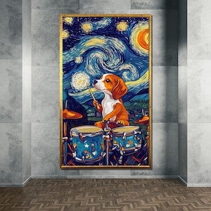 Beagle Drummer Under Starry Night Canvas Painting, Whimsical Dog Art Print, Fun Musical Gift for Animal Lovers