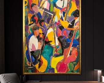 カラフルなオーケストラ抽象キャンバス絵画、表現力豊かな音楽ウォールアート、音楽愛好家への大胆な芸術的ギフト