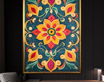 Colorful Rangoli Canvas Painting, Indian Folk Art Wall Decor, Geometric Floral Art Gift for Festive Home