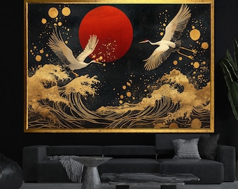日本の鶴のキャンバス絵画、金色の波の壁アート、赤い太陽の東洋の装飾、自宅やオフィスへのエレガントな禅のギフト
