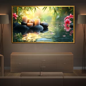 Zen Spa Candle Canvas Painting with Bamboo and Flowers, Calming Wellness Wall Art for Bathroom or Yoga Room, Relaxing Gift for Her