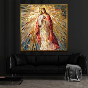 Arte em tela de mosaico do Sagrado Coração de Jesus, decoração de parede cristã radiante, presente religioso de amor divino, bênção espiritual católica para o lar