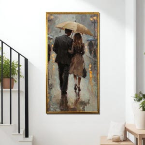 傘の下のロマンチックなカップルのキャンバス絵画、雨の街の風景の油絵、記念日や恋人のホームデコレーションへの贈り物