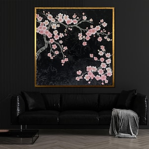 Cherry Blossom Canvas Painting on Black Background, Pink Floral Wall Art, Elegant Sakura Home Decor Gift