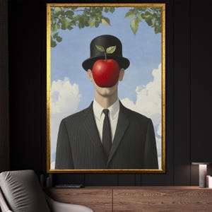 René Magritte – The Son of Man Apple Face Canvas Print, Surrealist Bowler Hat Man Wall Art Gift
