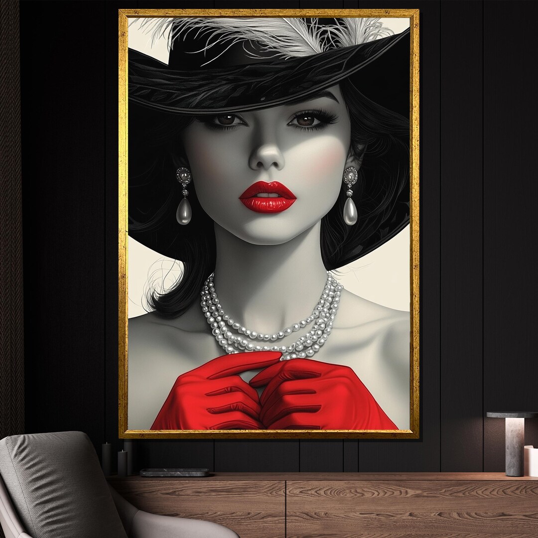 Vintage Glamour Woman Portrait Canvas Art Red Lips Pearl Necklace ...