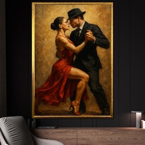 情熱的なタンゴダンスのキャンバス絵画 - 大胆な赤いドレスを着たロマンチックなカップルの動き。時代を超越したエレガントなギフトアイデア