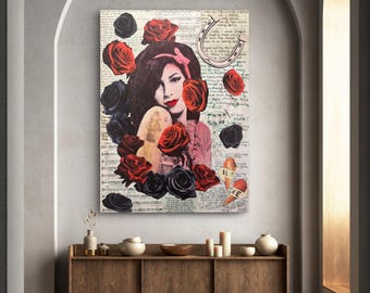 May include: A canvas art print featuring a portrait of a woman surrounded by red and black roses. The artwork includes handwritten text, a horseshoe, and an ice cream cone graphic. The color palette includes red, black, and neutral tones.